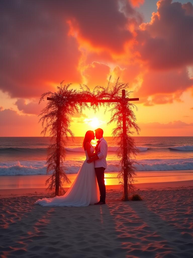 Boda en playa al atardecer con decoración tropical