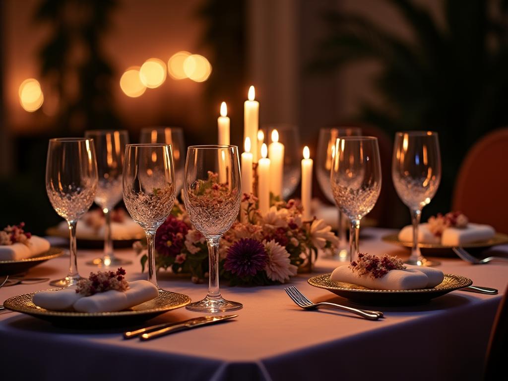 Mesa romántica con velas y decoración elegante