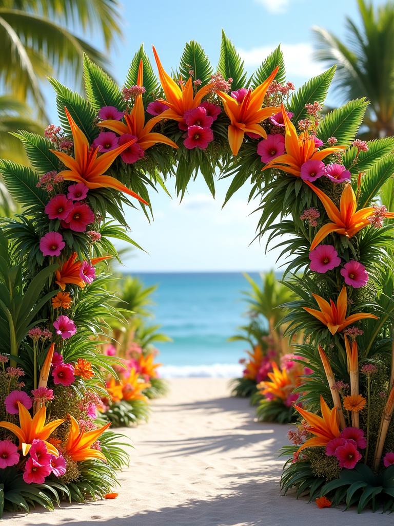 Decoración tropical vibrante para boda en la costa